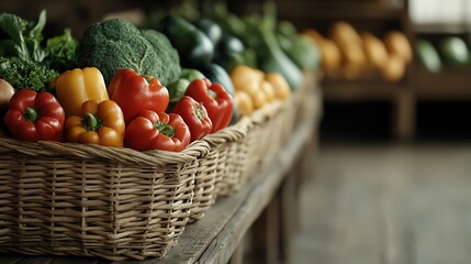 Organic produce-filled baskets arranged on a wooden farm table