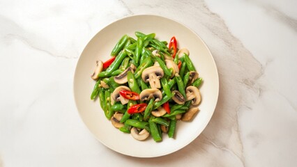 Indonesian green beans and mushrooms stir-fry with red chili on marble background