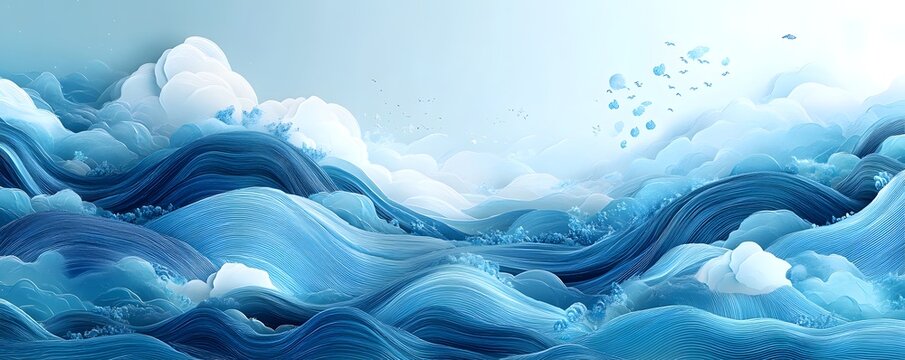 Abstract blue and white landscape with rolling hills and clouds in the background and foreground