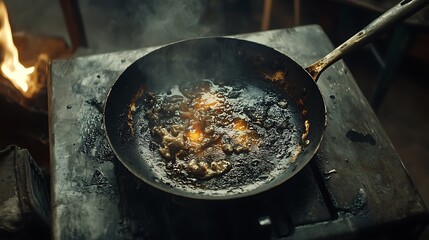 Dirty oily burnt metal frying pan on an electric stove