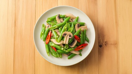 Indonesian stir-fried green beans and mushrooms with red chili