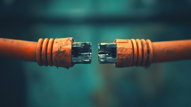 Disconnected orange ethernet cables on blurred blue background