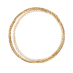 watercolor round frame from old vintage cordage, hand drawn illustration of textured marine rope, circle of brown and beige rope, hand drawn sketch isolated for marine blog, card decoration