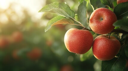Sunlit apple orchards with trees heavy with ripe, red apples