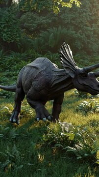 A Triceratops with distinct three horns and frill stands peacefully in a lush prehistoric landscape. The dinosaur grazes on vibrant green vegetation under soft sunlight. Vertical shot