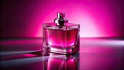 Pink Perfume Bottle, Low Light Photography, Monochromatic Beauty Product, Stylish Presentation, Pink Background