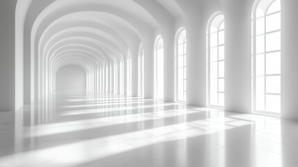 Sunlit arched hallway with large windows and marble floors