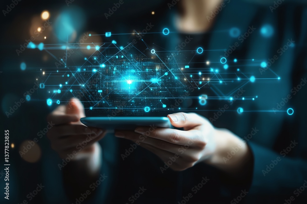 Poster digital network: glowing data streams above tablet
