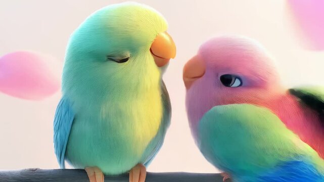 Colorful parakeets showing affection on a branch in a serene environment surrounded by soft petals