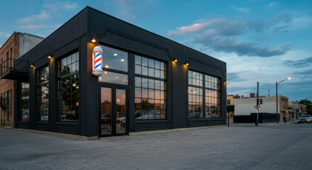 Obraz premium Modern industrial barbershop exterior with classic barber pole in downtown business district