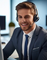 A friendly customer service representative wearing a headset smiles while working at his computer, ready to assist customers with their inquiries.
