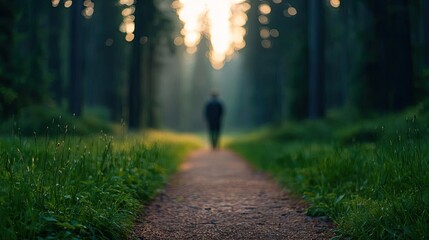 Naklejka premium Sunset forests glow over misty meadow with radiant sunbeam concept. A person walking along a serene forest path at sunset.