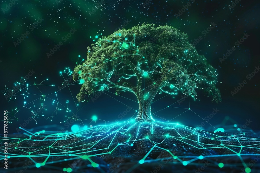 Poster a digital tree with roots and branches connected to data points, symbolizing the growth of ai