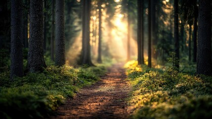 Obraz premium Sunset forests glow over misty meadow with radiant sunbeam concept. A serene forest path illuminated by soft sunlight rays.