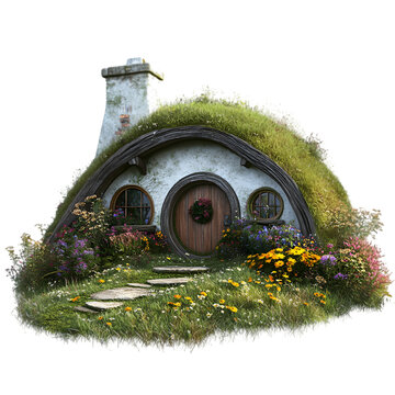 Charming hobbit house with grass roof and flower garden illustration