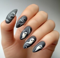 Create stunning matte smoky gray nails with minimalist white design for an elegant look