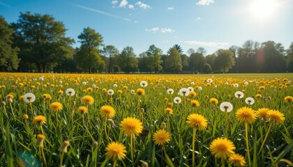 Fototapeta premium Sunny meadow with many yellow dandelions and green grass. The photo showcases tranquil, peaceful park landscape. The warm sunlight, blue sky, and vibrant colors suggest summertime