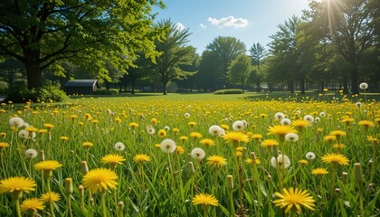 Sunny meadow with many yellow dandelions and green grass. The photo showcases tranquil, peaceful park landscape. The warm sunlight, blue sky, and vibrant colors suggest summertime