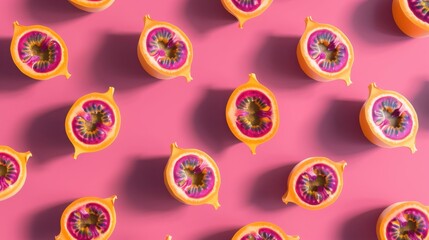 Repetitive Tropical Passion Fruit Pattern on Vibrant Pink Background, Top View
