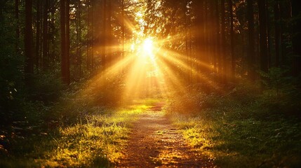 Obraz premium Sunset forests glow over misty meadow with radiant sunbeam concept. Beautiful sun rays shining through a serene forest path.