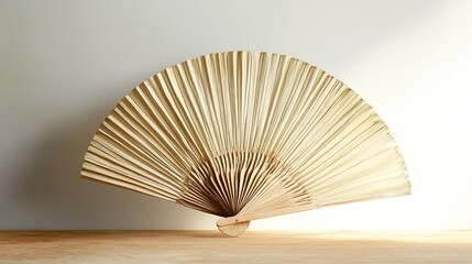 A single handwoven palm leaf fan styled on a light wooden table. background