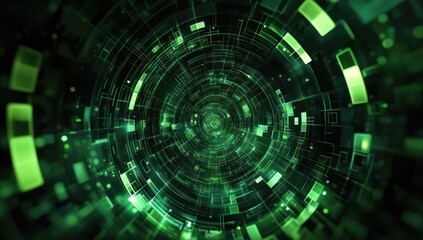 Futuristic digital tunnel with glowing green circuits