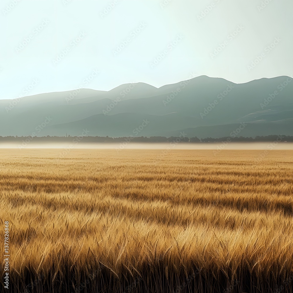 Fototapete vast undulating fields of golden wheat border rugged snow capped mountains on a hazy atmospheric day