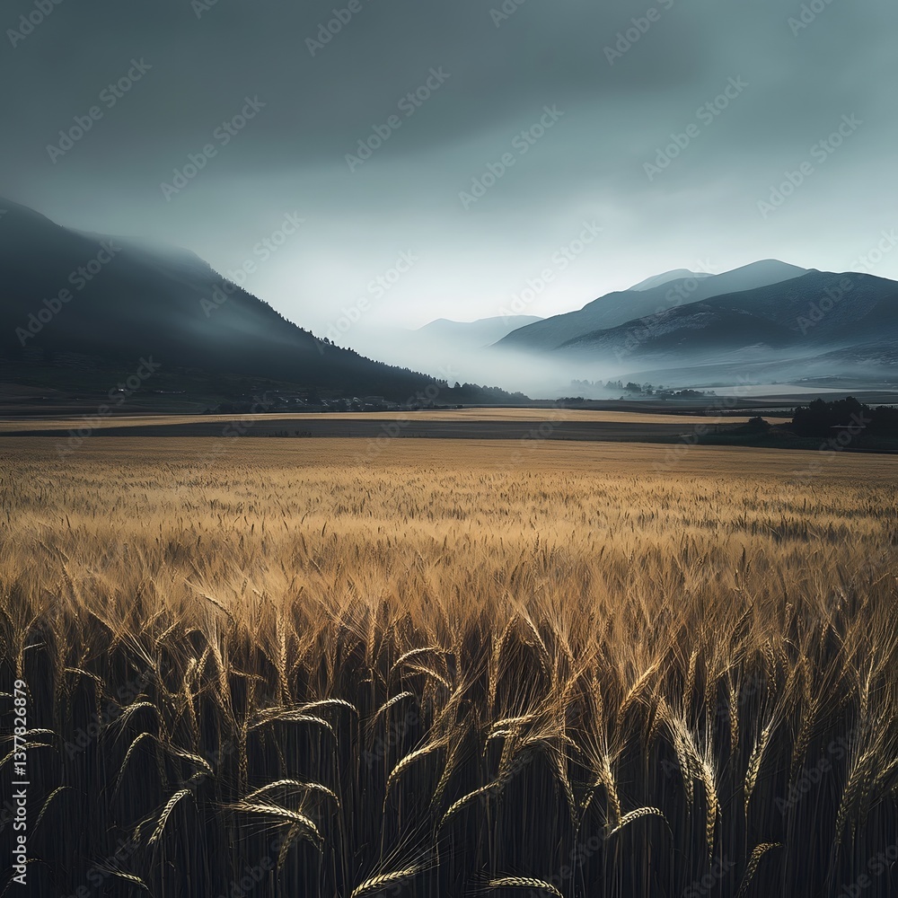 Aufkleber expansive fields of golden wheat stretch towards majestic mountains shrouded in a hazy fog creating 