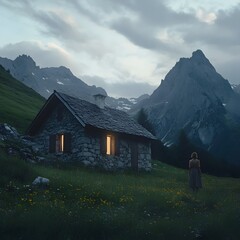Obraz premium A woman stands in front of a traditional stone farmhouse nestled at the base of a dramatic rocky mountain range with contemporary cinematic lighting accentuating the scene
