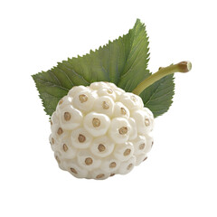 Close up of a white mulberry fruit with a green leaf on black background