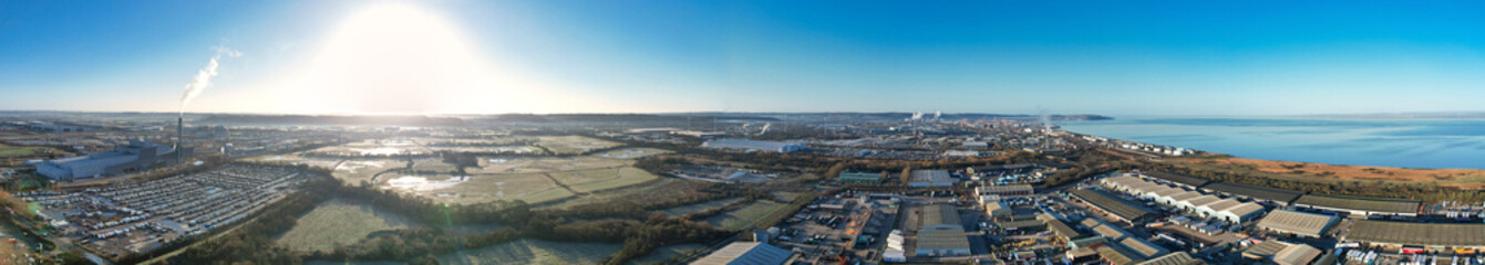 Aerial Panoramic View of Industrial Estate and Sea Port and Docks at Avonmouth Bristol City of England United Kingdom During Clear Cold Day of February 28th, 2025. 