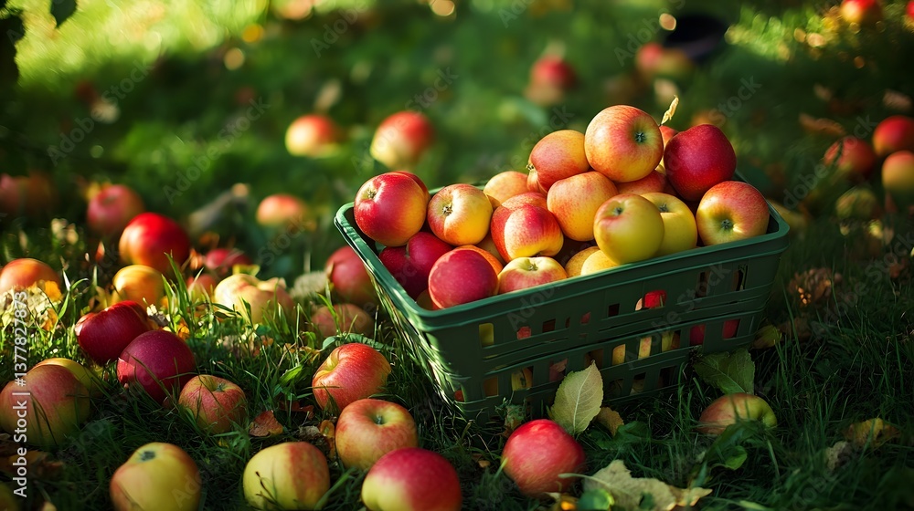 Poster a wicker basket filled with a bountiful harvest of fresh ripe red and yellow apples resting on the l