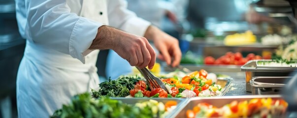 Obraz premium Chef preparing fresh vegetable dishes in a professional kitchen setting