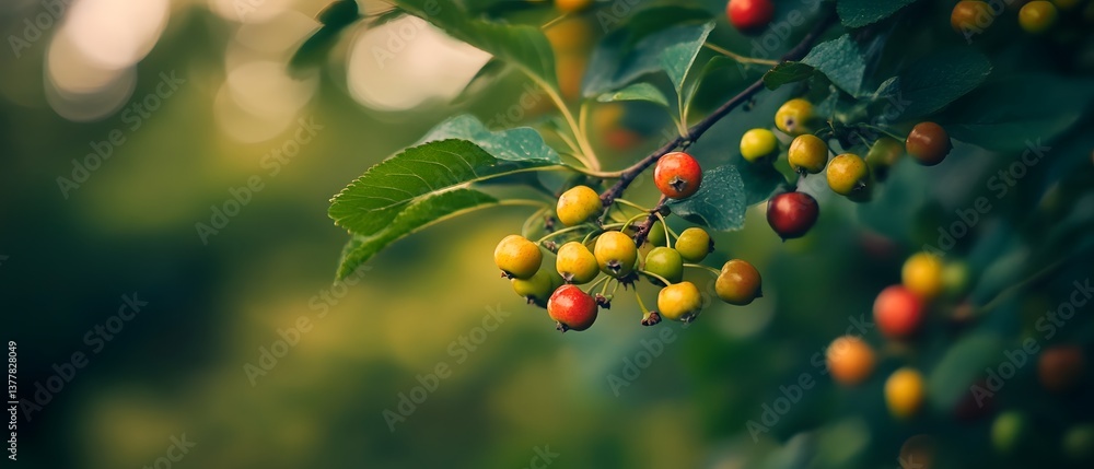 Poster a lush close up view of a tree branch with an abundance of ripe colorful berries in shades of red gr