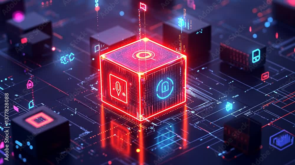 Aufkleber futuristic digital core: abstract data security network with glowing neon cubes