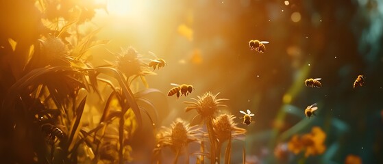 Close up view of bees buzzing around a contemporary apiary with dramatic cinematic lighting creating a moody atmospheric scene