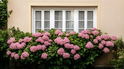 Exterior of a cozy beige house with white a large lush bush of vibrant pink hydrangeas in full bloom highlighted by a contemporary cinematic lighting setup