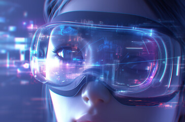showcasing AI exploration in data analysis, cybersecurity, business science, or gaming. The person is wearing VR glasses while interacting with floating UI buttons and graphs. A futuristic background 