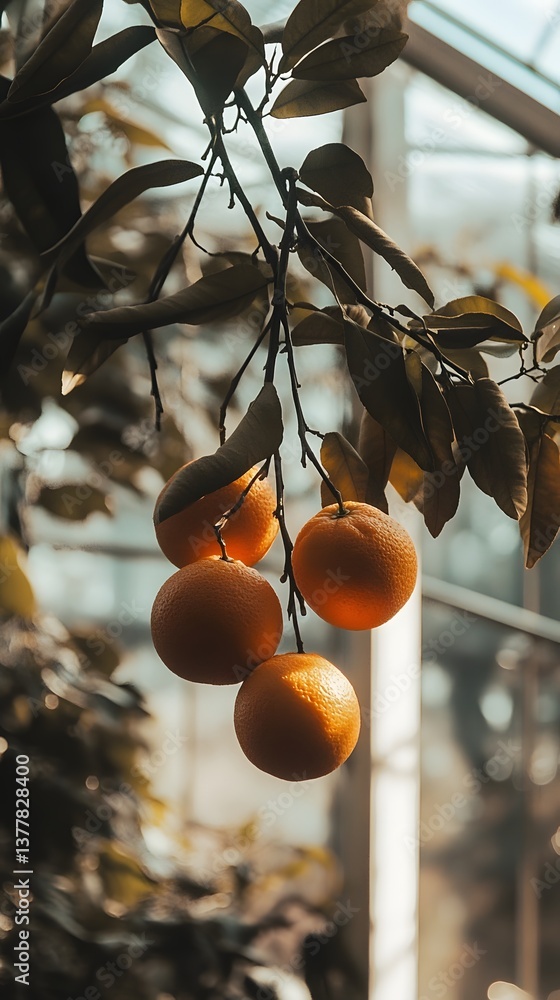 Poster a cluster of ripe slightly weathered oranges hang from a tree with lush yet wilting leaves set again