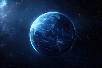 Obraz premium Dark Blue Earth View from Space with Dramatic Cinematic Lighting and Stars
