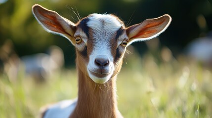 Fototapeta premium Close-up of curious young goat in bright green pasture