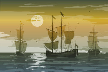 Vector illustration - seascape with sailing ships. 
