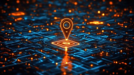 Illustration of digital city map with glowing location pin. AI tech in GPS navigation, innovation in delivery, transport logistics. Geolocation illustration concept for future business travel