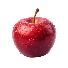A shiny red apple with water droplets against a black background view