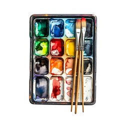 Close up of a watercolor palette with three paintbrushes on black background