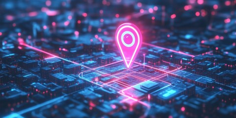 Illustration of digital city map with glowing location pin. AI tech in GPS navigation, innovation in delivery, transport logistics. Geolocation illustration concept for future business travel