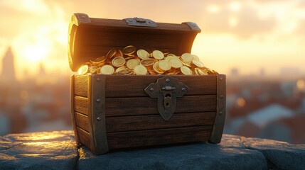 Wooden treasure chest brimming with golden coins sits atop stone surface at sunset. Blurred cityscape background. Abundant gold coins spill from chest. Rich colors of sunset illuminate