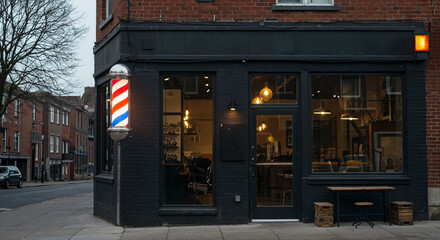 Modern barbershop exterior featuring industrial loft design on a clean city street during daylight
