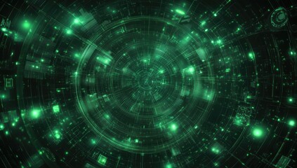 Futuristic, swirling, digital tunnel with glowing green elements