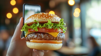 Close-up of delicious cheeseburger with fresh lettuce and tomato in restaurant setting